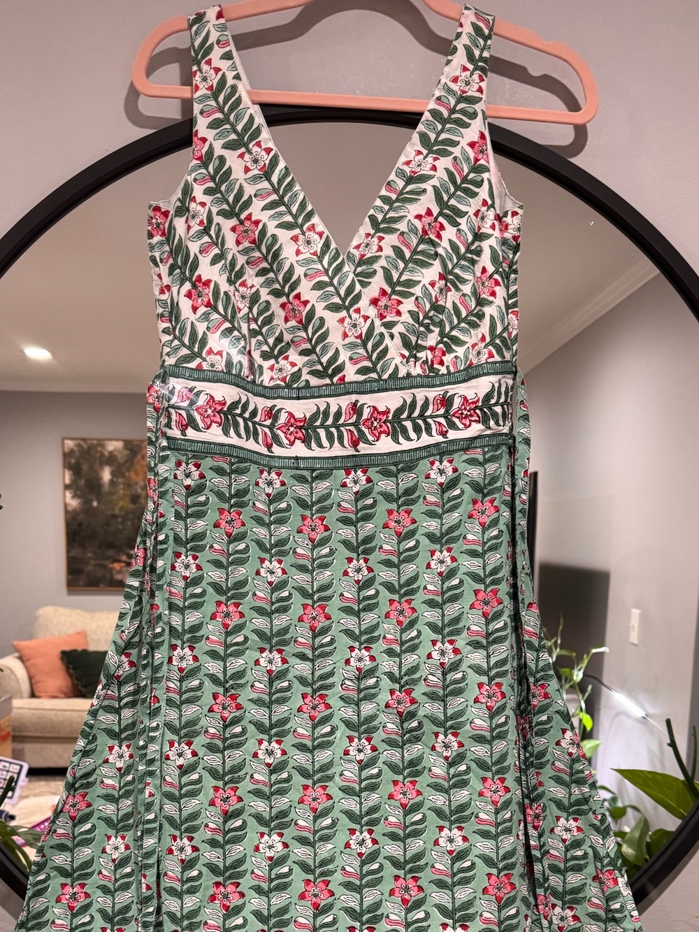 Anokhi VINTAGE Cotton dress Green Floral V-Neck  with Pink Accents *LIKE NEW*